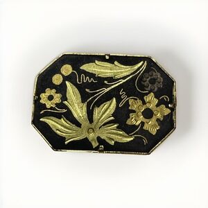 VTG Damascene Brooch Pin Floral Leaf Motif  Black & Gold Trombone Clasp Art Deco